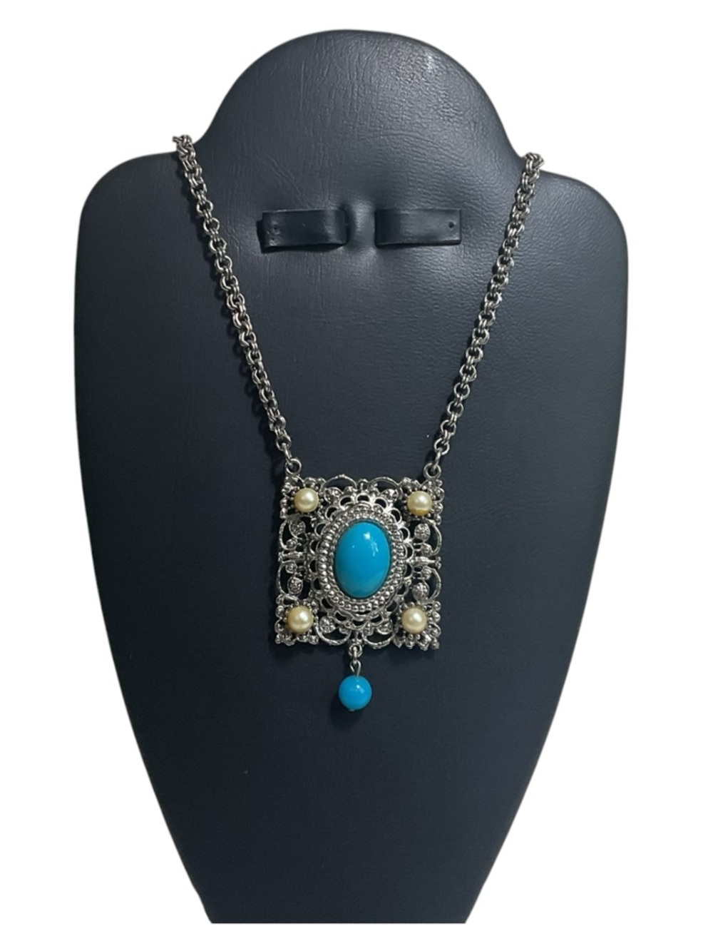 Silver Filigree Pendant Necklace with Turquoise and Pearl Accents